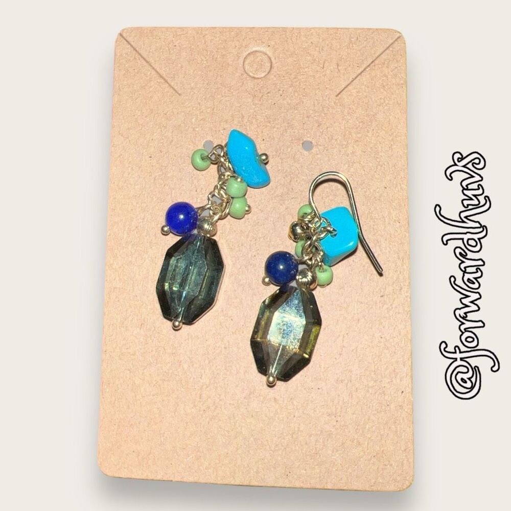 Blue Green Beaded Cluster Dangle Earrings Boho Statement